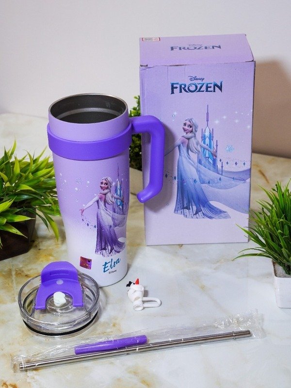 Disney 1200ml Cup Open Showing Stainless Steel Interior Straw and Olaf Dust Cap