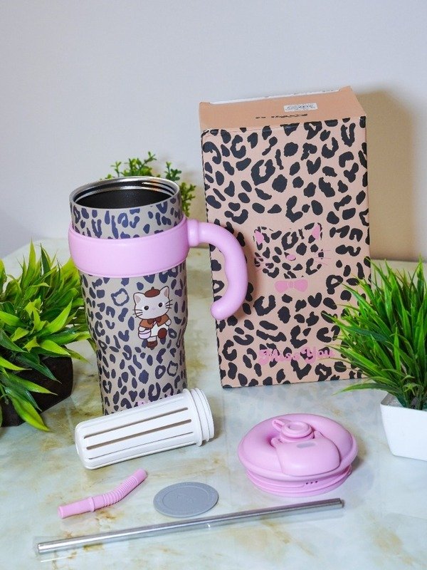Leopard Cat 1100ml Ice Cup Tumbler Open with Tea Fruit Infuser and Straw