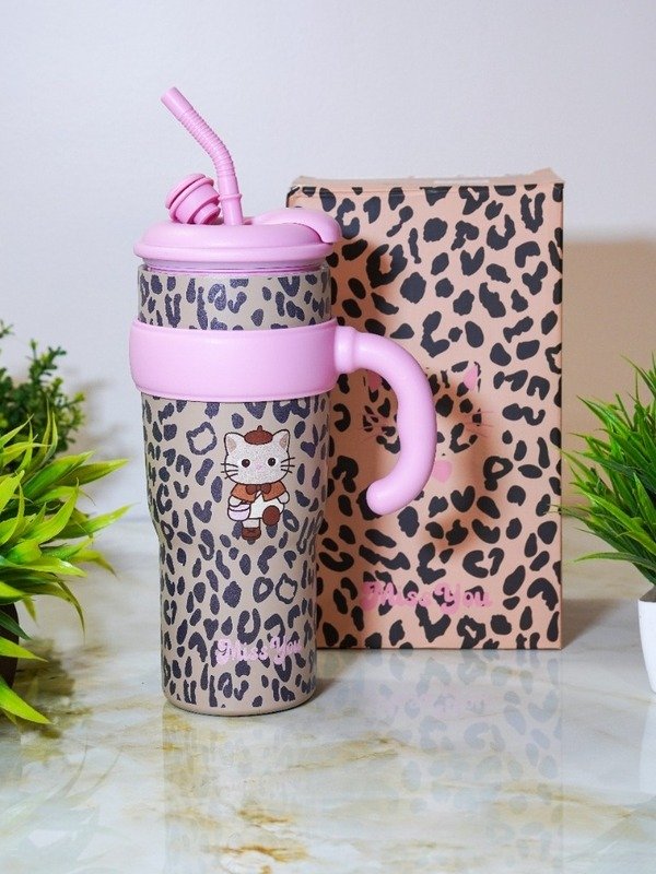Leopard Cat 1100ml Insulated Handle Ice Cup Tumbler Beige with Box
