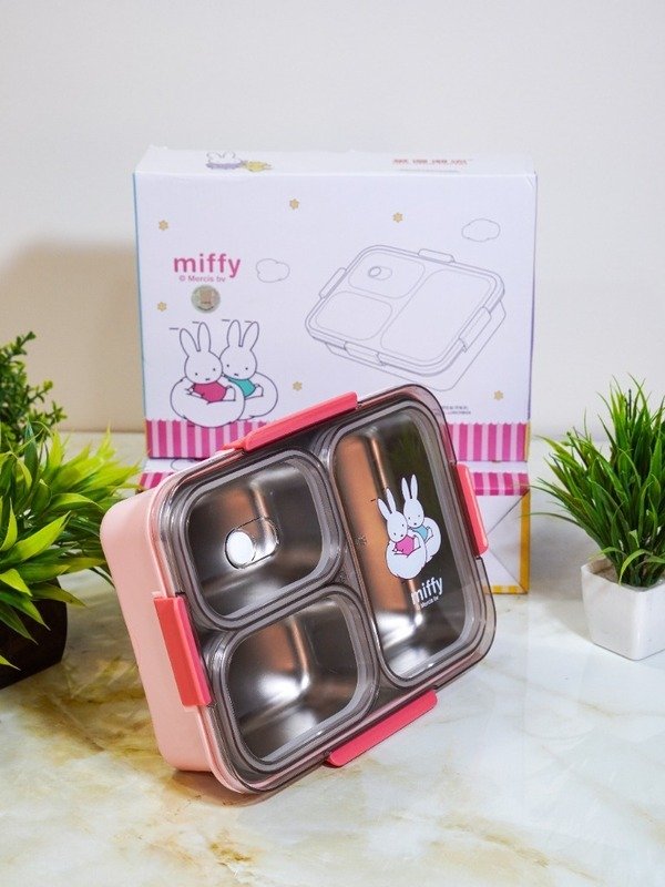 Miffy 304 Stainless Steel 3-Compartment Bento Lunch Box Pink Side View