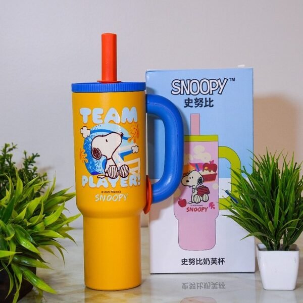 Snoopy Peanuts 1200ml Stainless Steel Ice Cup Tumbler Yellow with Blue Handle