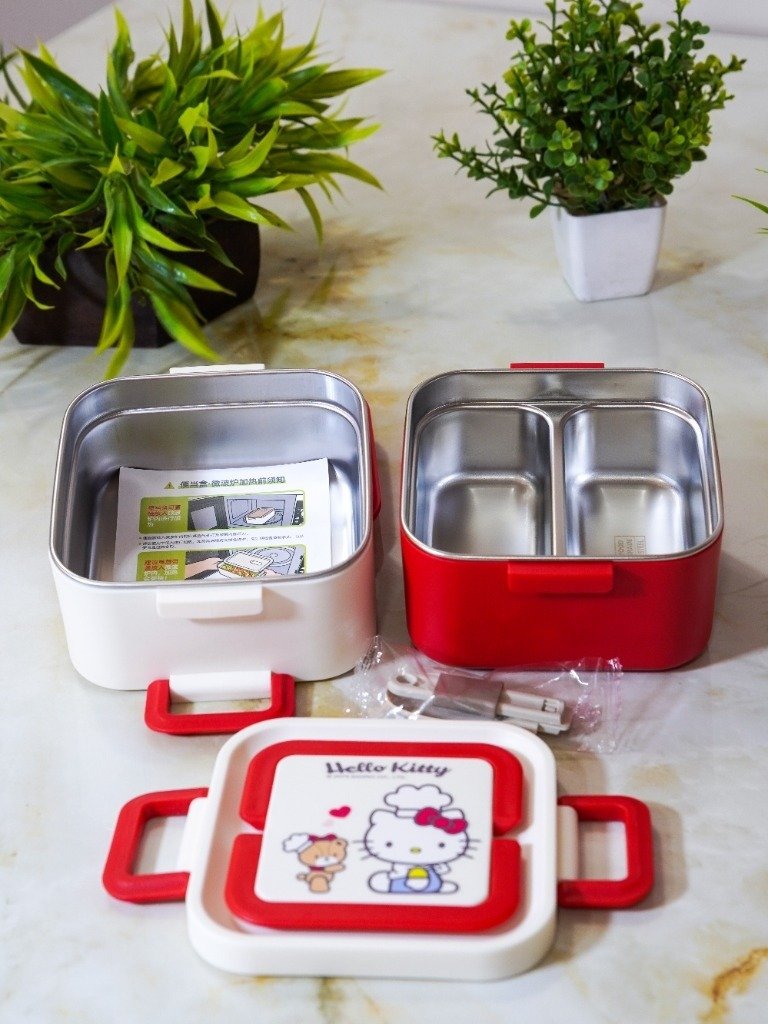 Hello Kitty Sanrio 2-Tier Square Lunch Box Open with Stainless Steel Compartments and Cutlery Set Model SK009